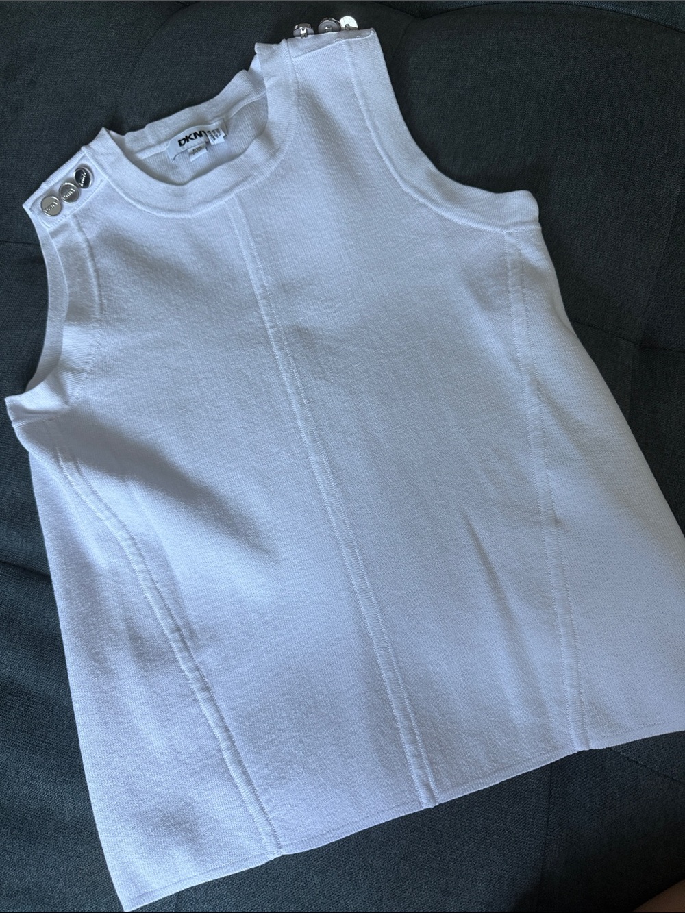 DKNY White Sleeveless Knit Shell with Shoulder Buttons